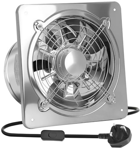 FinityPro 10 Inch/250mm Powerful Exhaust Fan with Switch, 742 CFM, Stainless Steel Kitchen Fume Extractor Fan with Damper, Wall Mount Ventilation Fan for Garage, Attic & Basement, Silver