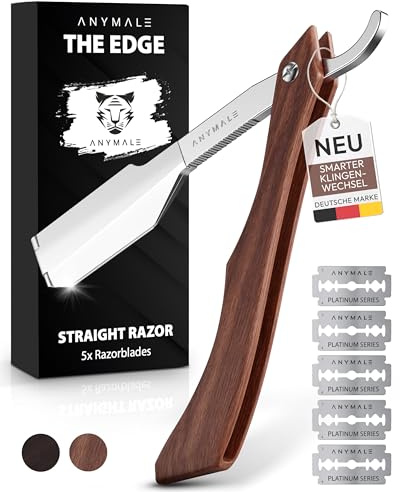ANYMALE® Premium Rasiermesser mit Wechselklinge The Edge für Herren Griff aus Sandel-Holz - Straight Razor Bart & Konturen inkl. 5 x Klinge - Edelstahl Barber & Friseur Nass-Rasierer Bartmesser Set