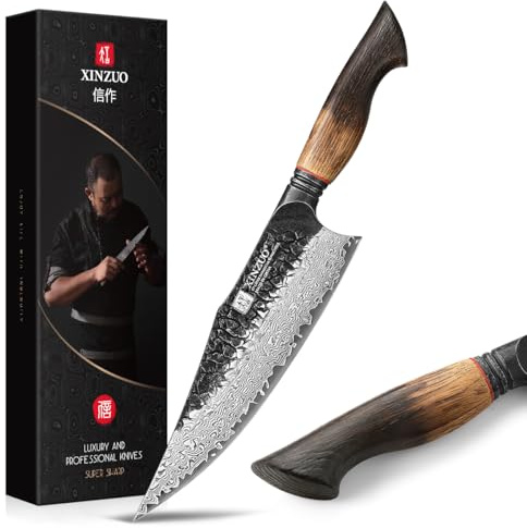 XINZUO Chef Knife 21.9 cm,Professional Damascus Steel Kitchen Knife,High Carbon Japanese Style Gyuto Knives Stainless Steel Sharp Cooking Knife with Burnt Wood Handle(White Oak and Red G10 Gasket)