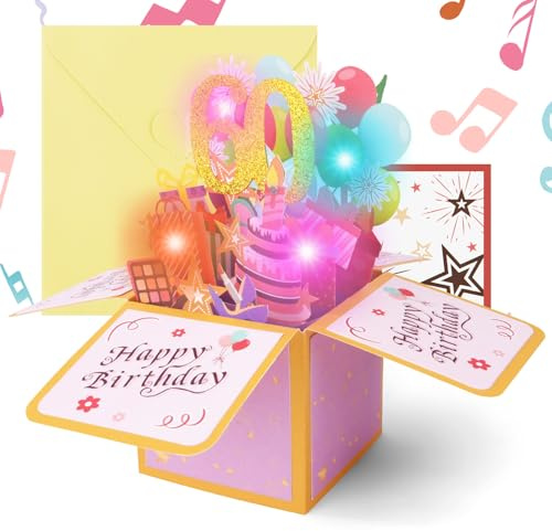 OFFCUP Tarjeta de Felicitación Cumpleaños de 60 Años, Pop Up 3D Tarjeta Emergente de Música con Vela de Luz LED, 60 Tarjeta de Cumpleaños, Como Creativo Regalo a Familias Amigos y Ninos (Rosa)