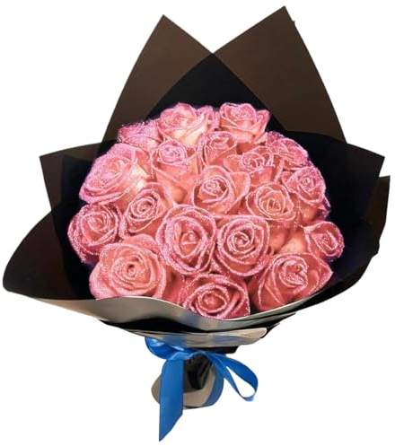 CUCUFA Bouquet de Roses Glitter 1 Ensemble de Bouquet Rose Artificiel Comprend 12 Fleurs, 12 Tige, 2 Papier d'emballage et 2 Ruban romantiques éternel fulgurants, Rose