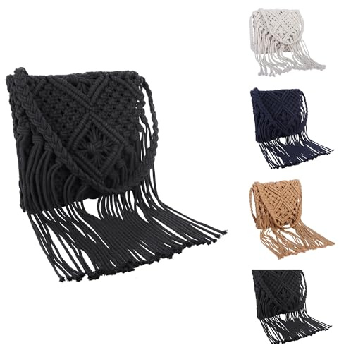 Srvillg Tassel Shoulder Bag, Small Boho Shoulder Bag for Women, Straw Beach Bags with Zipper for Summer Holiday Beach Travel (Black)