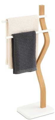 Relaxdays Portasciugamani a 2 Bracci Sfalsati, Piantana da Bagno, 86x37x18 cm, Porta Asciugamani, Ferro e Legno, Bianco