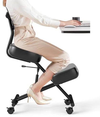 SFAREST Movable Kneeling Chair, Height Adjustable Ergonomic Knee Support Chair with Thick Padded Cushion & Brake Casters, Posture Correcting Stool and Back Knee Support for Home Office