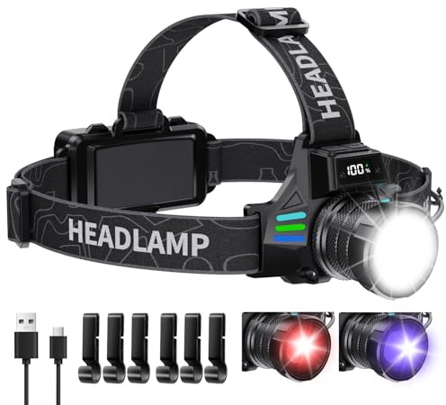 ET Lampe frontale LED rechargeable avec lumière blanche/rouge/lumière UV/lumière noire, extrêmement lumineuse avec fonctionnement sur piles, 16 modes, lampe frontale étanche pour casque de protection