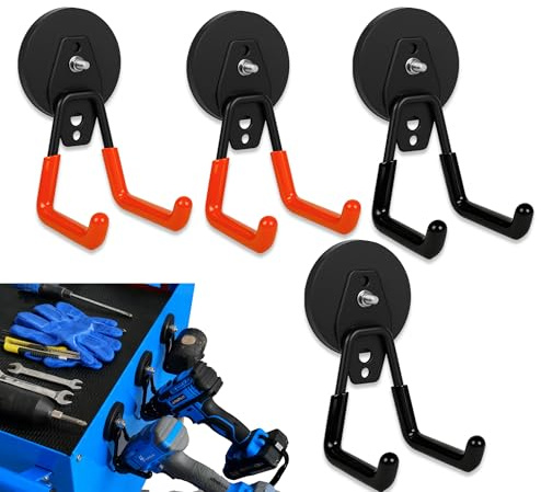 Haikole 4 Pack Strong Magnet Hooks Heavy Duty, Rubber Coated No Damage Hook for Garage Storage, Dual Hook Design, Large Magnetic Hangers for Tools, Garden, Workshop (Orange2pcs + Black2pcs)