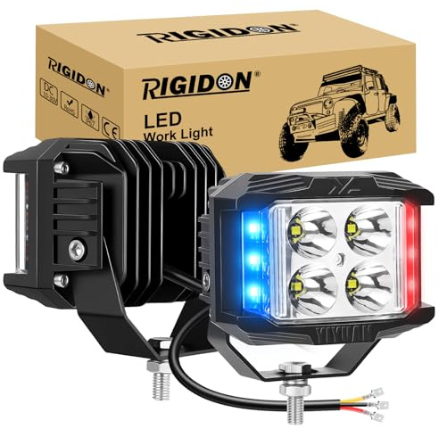 RIGODON 2 x Stroboskop LED-arbetsljusramp, 3 sidor Shooter 4 tum 35W 3500k lumen strålkastare, 12V 24V körstrålkastare för bil, terräng, båt, lastbil, 4x4, SUV, ATV, traktorer, blå, röd, vit, dimljus | Stroboskop, rödblå, För bil, terräng, lastbil, SUV, ATV, UTE, 4x4, fordon, traktor, båt, vattentät, hjälpljus, körning, dimma