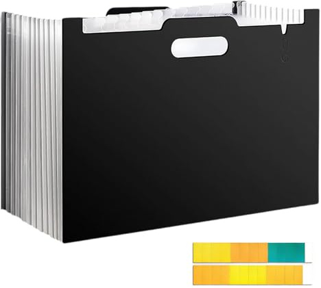 CHUANFU 13 fack dokumentmapp A4, PP fackmapp A4 med färgetiketter, mappsystem bärbar vattentät, dragspelsdesign, fack organisationsmappar för kontor hemma skola, svart