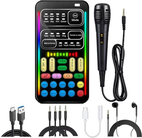 I9 Voice Changer Sound Card Kit with Microphone & Monitor Earphone | Real-Time Voice Changing, 16 Voice Effects, Type-C Adapter Included, For Gaming & Streaming