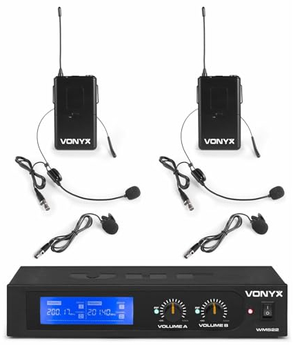 Vonyx WM522B - Mikrofon Empfänger mit 2 drahtlosen VHF-Bodypacks mit Headset Mikrofone, Mikrofonset, VHF Mikrofon für Shows, Entertainer, Moderation, Vorlesung, Professoren, Lehrer, Kopfmikrofon