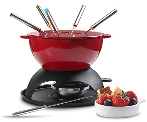 Artestia Service à fondue au fromage en fonte 11 pièces avec brûleur réglable, 6 fourchettes colorées, pot rouge pour fromage, chocolat, caramel, viande - Taille familiale 4-6 personnes