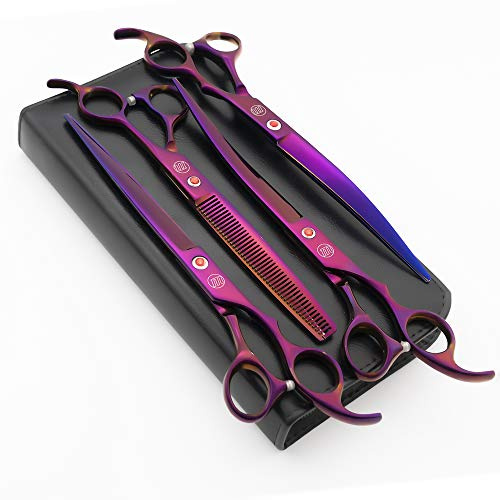 Moontay Professional 8.0 Dog Grooming Scissors Set, 4-Pieces Straight, Upward Curved, Downward Curved, Thinning/Blending Shears for Dog, Cat and Pets, JP Stainless Steel, Purple