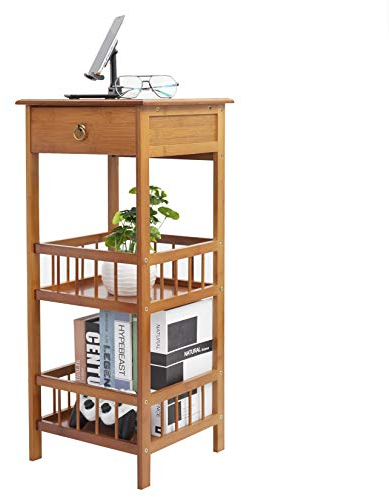 FATIVO Nachtschrank Holz Natur Braun: Nachttisch Bambus Nachtkommode mit 3 Ablage und 1 Schublade Beistelltisch für Schlafzimmer Küche Flur Balkon