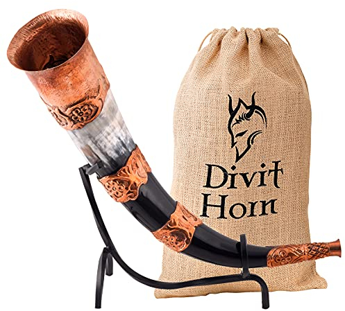 Divit Genuine Viking Drinking Horn with Iron stand | Authentic Medieval Beer Drinking Horn | Brass Adornments & Burlap Gift Sack Included | 16 oz capacity | (Copper, Polished)