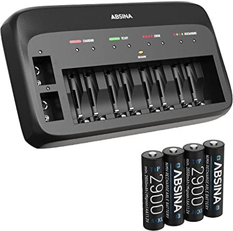 ABSINA X10 Cargador Pilas AA AAA & 9V + 4X AA 2900 Pila - Pilas Recargables Cargador 10-Slots - Cargador Pilas Recargables AA AAA 9V, Cargador de Pilas AA, Cargador AAA, Cargador Pilas Recargables