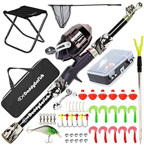 DaddyGoFish Kinder Angelset - Teleskoprute & Rolle Combo mit Klappstuhl, Rutenhalter, Tackle Box, Ködernetz und Tragetasche für Jungen und Mädchen - Schwarz, 4ft