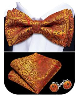 Barry.Wang Mens Orange Bow Tie Paisley Silk Pre-Tied Bowtie Pocket Square Cufflinks Set Formal Wedding Prom Party Tuxedo
