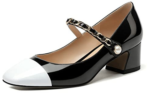 Elashe Women Block Heels Square Toe Heeled Shoes Mary Jane Low Heel Pumps Wedding Shoes White EU43