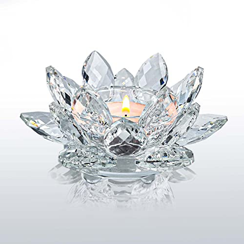 Kolnlala Crystal Lotus Flower Tealight Candle Holders/Glass Tea Light Candlestick Decor Decoration for Christmas Home Wedding Party… (Clean 1pc)