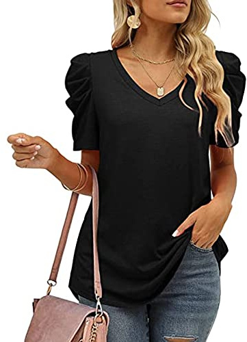 Maglietta Manica Corta Donna T-Shirt Maniche a Sbuffo con Scollo a V Casual Larghe Maglia Camicia Estive Elegante Top Tinta Unita Moda Top Blouse Blusa Tops
