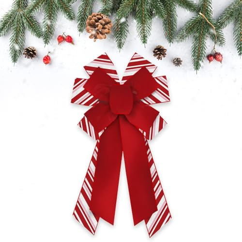 Estivaux Large Christmas Bows for Wreath, Merry Christmas Wreath Bows White Red Stripes Burlap Bow Winter Holiday Craft Ribbon Bow Xmas Tree Bows for Front Door Christmas New Year Decorations