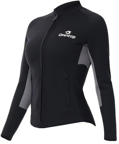 Owntop Damen Neoprenanzug-Oberteil-Jacke - 2mm Neopren Langarm für Wärme Komfort | Langlebiger YKK Frontreißverschluss | Verlängerte Rückenklappe | 2 Reißverschlusstaschen, Damen Grau L