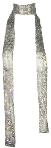 Wisafory Sciarpa in Metallo Con Paillettes e Glitter da Donna - Lunga per Cravatte, Catenine, Sottile - Accessori per Matrimoni, Carnevale, Feste - Argento Con Strass, 160 cm