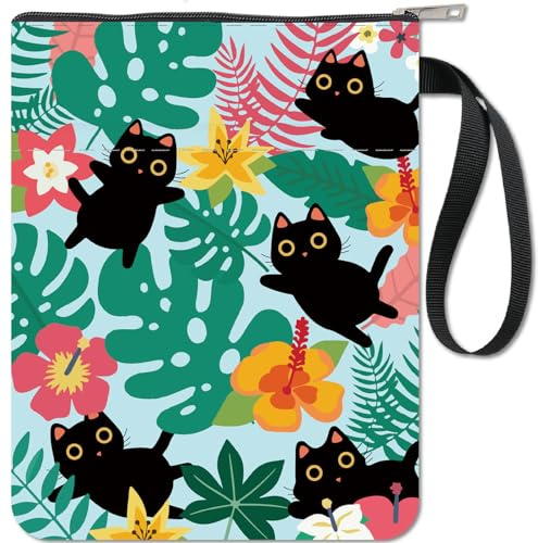 craspire Housse de Protection en Forme de Chat Noir avec Plantes Tropicales et Fleurs pour Livres Brochés, Couverture de Livre en Tissu Lavable avec Fermeture Éclair et Poche Supplémentaire