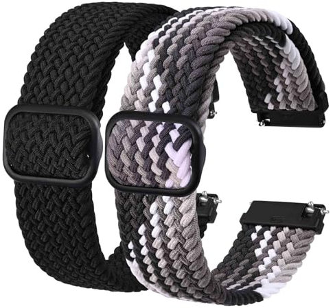 BISONSTRAP 2 Pack Braided Nylon Watch Straps, Upgrade Adjustable Buckle, Stretchy Loop Straps for Men and Women, 20mm, Black+Gradient Black
