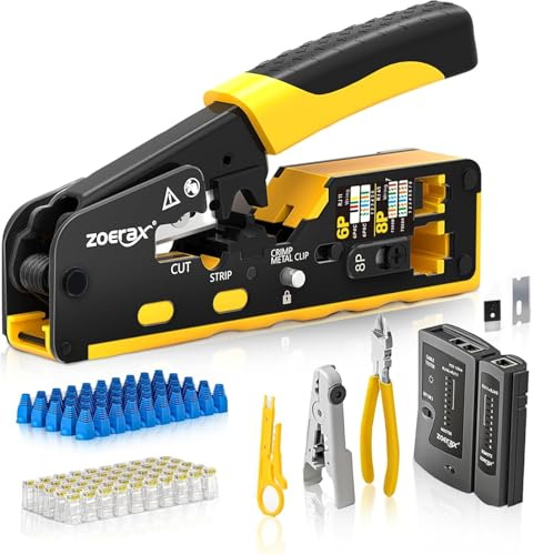ZOERAX Strumento di crimpatura Cat7 RJ45, Kit di crimpatura Ethernet Cat7, Cat6, Cat5, con tester per cavi, spelafili multistrato, lame, 50 connettori Cat6 e stivali antistrappo