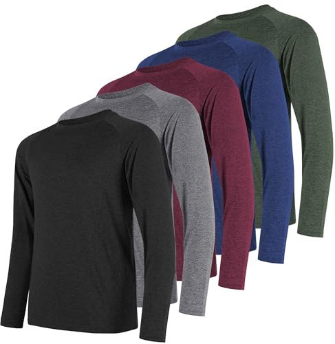miijoory Long Sleeve T Shirts for Men Breathabal Quick Dry Performance Sports Gym Tops UV Sun Protection Tee Shirts for Workout Running 5 Pack (M,Black,Blue,Dark Grey,Army Green,Red)