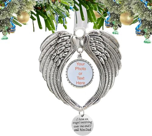 BTORER Christmas Ornaments Angel Wings with Blank Photo Pendant - I Have a Angel Watching Over Me I Call -Hanging Memorial Ornament Xmas Tree Hanging Decoration in Heaven Memorial Gift (Dad)