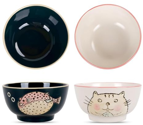 CoolChange Lindo cuenco de arroz japonés | Pintado a mano | 2 piezas | Cuencos asiáticos | Decoración: gato y pez