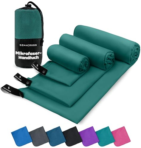 ZENACROSS Mikrofaser Handtuch 3er Set mit Transportbeutel - Schnelltrocknendes und vielseitiges Fitness Handtuch - Sporthandtuch Größen - XS, S, M - Petrolgrün