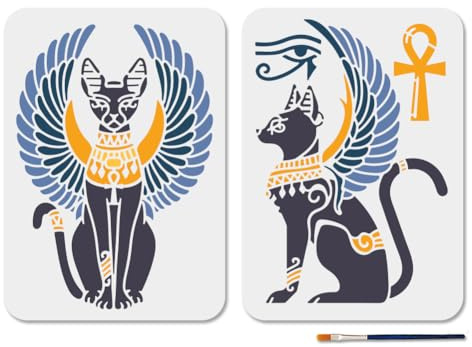 MAYJOYDIY 2 plantillas de gato egipcio con alas egipcias, 29,7 x 21 cm, con pincel de pintura, plantilla de ojo de Horus, plantilla para madera, pared, ventana, manualidades, decoración del hogar