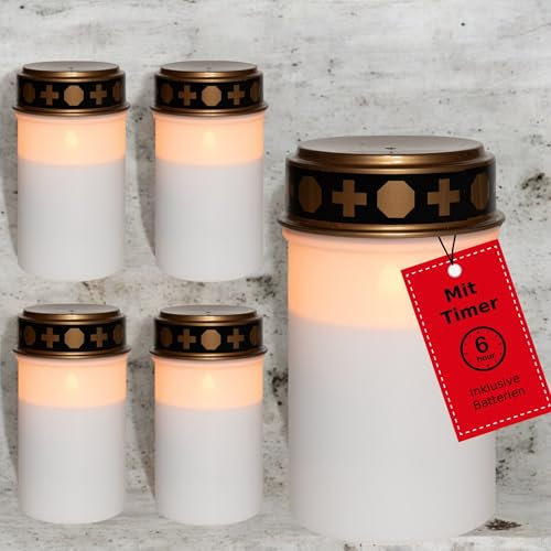 Novaliv Luz LED para tumba con batería y temporizador 6/18, 5 unidades, color blanco, quemador permanente, velas LED para exteriores con batería, vela conmemorativa para cementerio, luz eterna LED