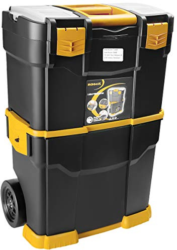 GYMAX 3 in 1 Werkzeugtrolley, Werkzeugkoffer leer mit 2 Werkstattkisten, abnehmbarer Werkzeugablage, stapelbarer Werkzeugwagen mit Griff, Rollen, Kunststoff, Verschlüsse, Schwarz + Gelb