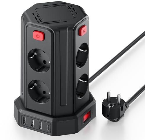 Multiprise avec Interrupteur, Tour multiprise avec 4 USB Ports(Max 5V/3.4A) 8 Prises avec 4 Interrupteurs, Multiprise parafoudre et Rallonge Electrique 2M Câble la Maison et au Bureau