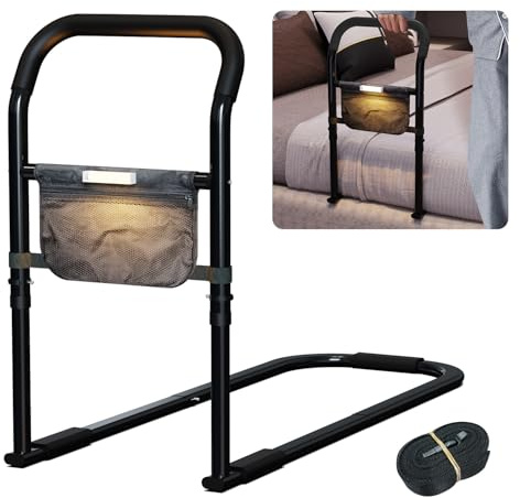 Zelvia Barre d'Appui de Lit Adulte - Poignée d'Aide au Redressement Réglable en Hauteur - Accessoire de Sécurité avec LED et Poche de Lit - Idéal pour Seniors et Patients (Noir)