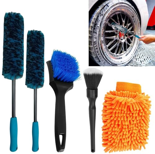 dogmoon Car Wheel Brush Kit, 5PCS Automobile Detailing Wheel Brush Washing ToolKit with Car Cleaner Gloves, Bendable Wheel Cleaning Brush and Microfiber Rim Cleaner Brush for Wheel Care and Cleaning