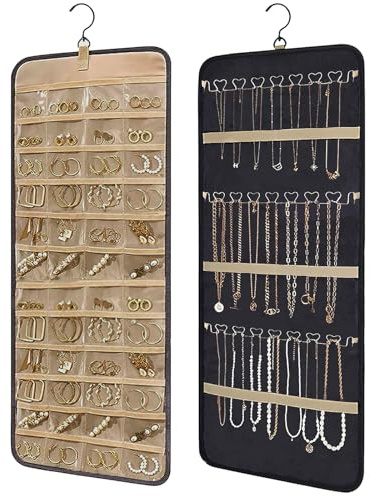 Pomodee Schmuck Organizer zum Aufhängen, staubdichter doppelseitiger Schmuckhalter mit Metallhaken – Schmuckaufbewahrung für Ohrringe Halsketten und Ringe, geeignet für Wand Schrank oder Tür (Schwarz)