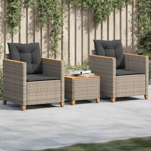 Ziaphsol Ensemble de bistro 3 pièces avec coussins, gris en polyrotin et bois d'acacia, résistant aux UV, capacité de charge de 110 kg, pour jardin, balcon, terrasse