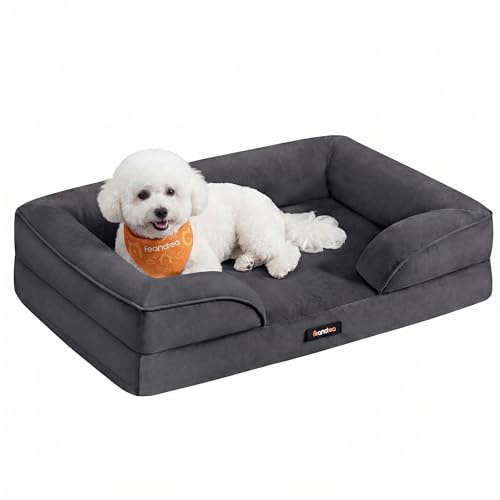 Feandrea Cama para Perros, Sofá de Franela con Espuma de Soporte, Forro Impermeable, Funda Extraíble Lavable, Fondo Antideslizante, 76 x 51 x 16 cm, Gris Plomo, Colección Blomfy PGW321GN01