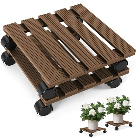 Fogmiea 2 x WPC plantrullar, fyrkantig, 30 x 30 cm, blomroller med rullar, rullunderlägg upp till 80 kg, kuvelrulle för inomhus- och utomhusbruk, rullbräda för växter och blomkrukor, brun