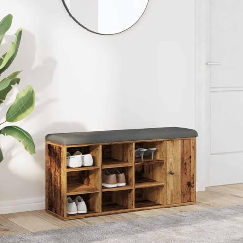 Plumbpyr Panca per scarpe effetto legno antico con imbottitura, 102 x 32 x 50 cm, in legno per ingresso e spogliatoio, resistente panchina con molto spazio di archiviazione, moderna panca rettangolare