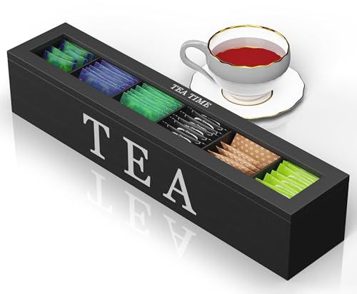 Oramics Teebox Holz 6 Fächer (länglich) – Schmale Teekiste mit Sichtfenster – Teebeutel Aufbewahrung Box mit Deckel & Aromaschutz – Teedose Schwarz 43x9cm