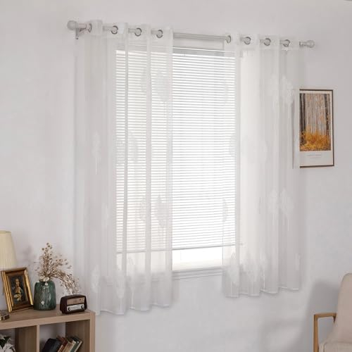 MIULEE Kurz Vorhänge Transparent mit Weiss Blätter Muster, Modern Stickerei Gardinen Ösen Für Kleines Fenster Kurzgardine, 2er Set Schöne Blätter Muster Vorhang Fenster H 145 x B 140
