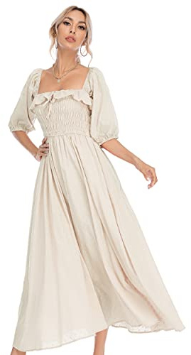 R.Vivimos Women's Square Neck Puff Sleeve Boho Midi Dress | Off Shoulder,Backless,Elastic Smock Bust,Empire Waist,Floral,A Line,Casual,Beach,Milkmaid,Vacation,Peasant,Party,Long Dresses