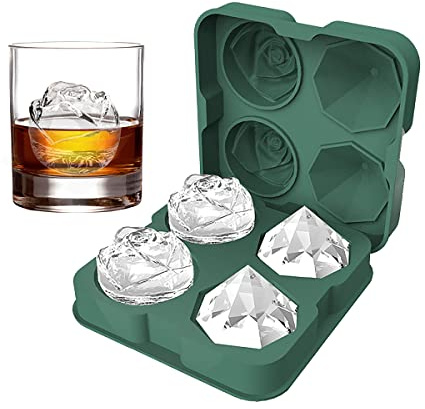 Ice Cube Tray, HANCELANT 2.5inch Ice Cube Molds, 2 Cavity Silicone Rose & 2 Diamond Ice Ball Maker, Easy Release Large Ice Cube Form for Chilling Cocktails, Whiskey, Bourbon & Homemade Juice (Green)