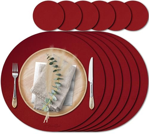 Mahewa® 6er Set Premium Tischset aus Kunstleder - Platzset abwaschbar und wasserdicht - Platzdeckchen Telleruntersetzer in Lederoptik (Bordeaux, Rund)